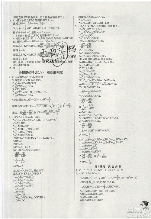 江苏人民出版社春雨教育2019秋实验班提优训练九年级数学上册BSD北师大版参考答案