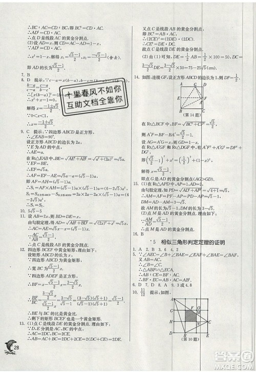 江苏人民出版社春雨教育2019秋实验班提优训练九年级数学上册BSD北师大版参考答案