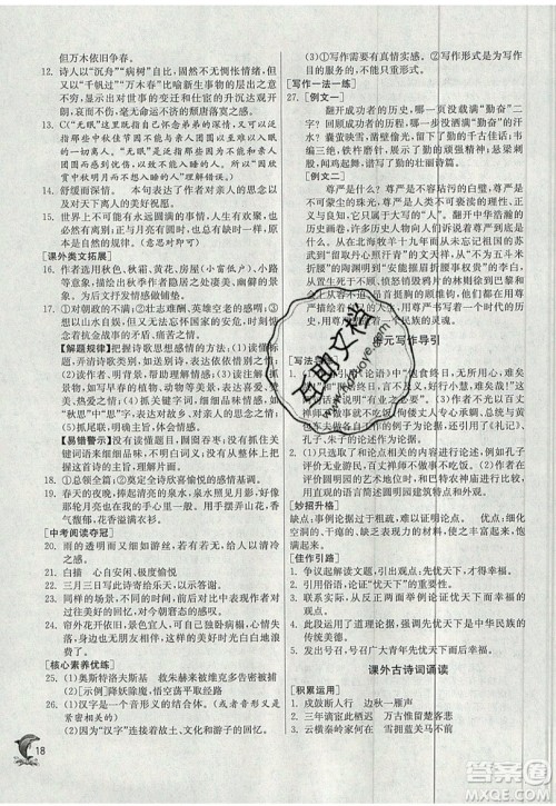 江苏人民出版社春雨教育2019秋实验班提优训练九年级语文上册RMJY人教版参考答案