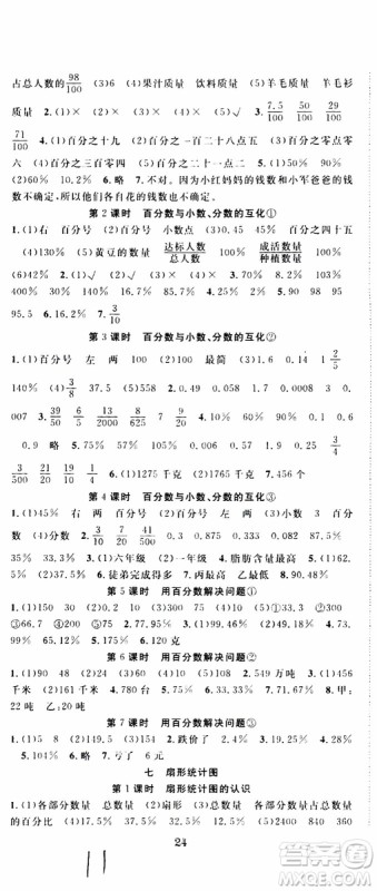 2019年学生课程精巧训练原创新课堂学练测数学六年级上册RJ人教版参考答案