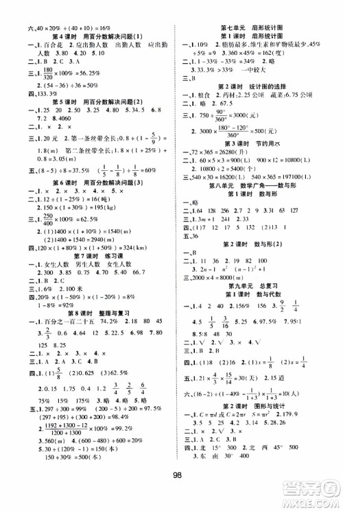 2019年课时特训创新学习三级训练数学六年级上册R人教版参考答案