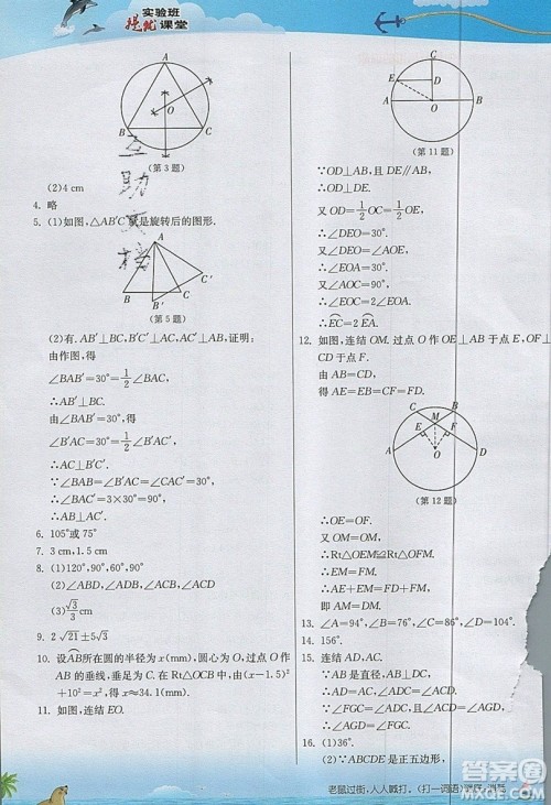 江苏人民出版社2019春雨教育实验班提优课堂数学九年级上册ZJJY浙教版参考答案