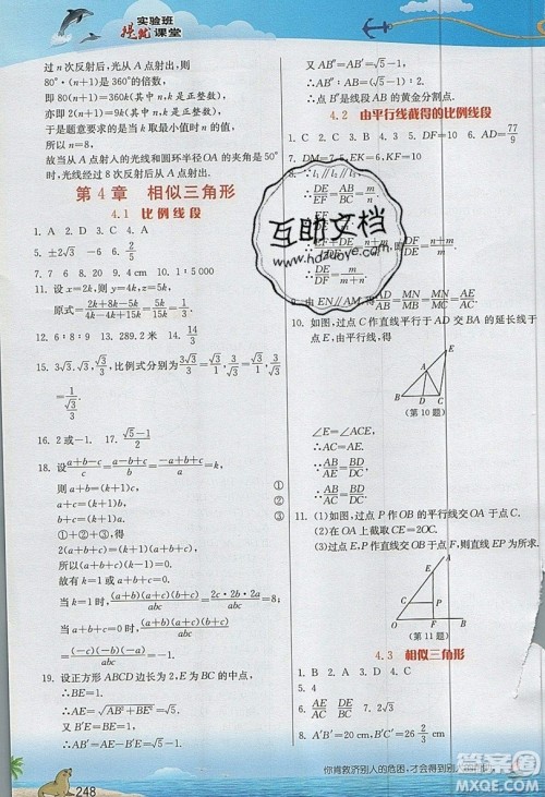 江苏人民出版社2019春雨教育实验班提优课堂数学九年级上册ZJJY浙教版参考答案