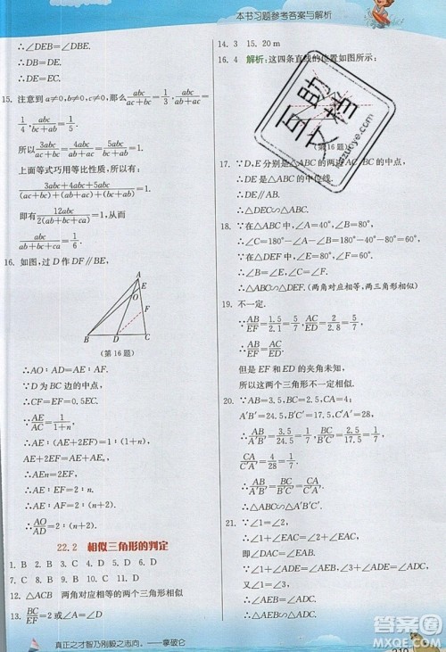 江苏人民出版社2019春雨教育实验班提优课堂数学九年级上册SHKJ沪科版参考答案