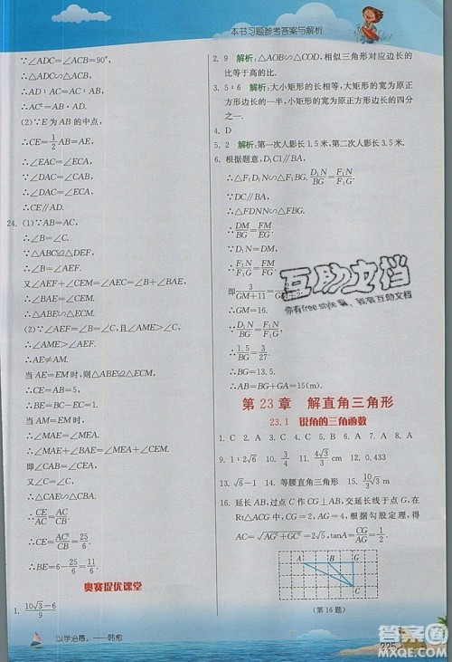 江苏人民出版社2019春雨教育实验班提优课堂数学九年级上册SHKJ沪科版参考答案
