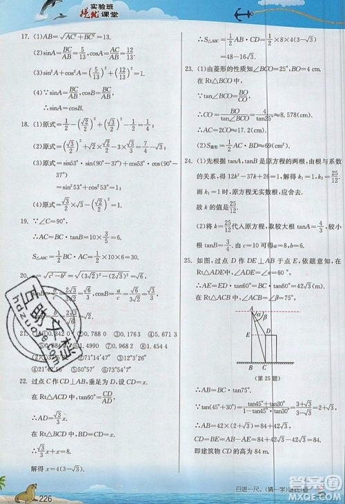 江苏人民出版社2019春雨教育实验班提优课堂数学九年级上册SHKJ沪科版参考答案