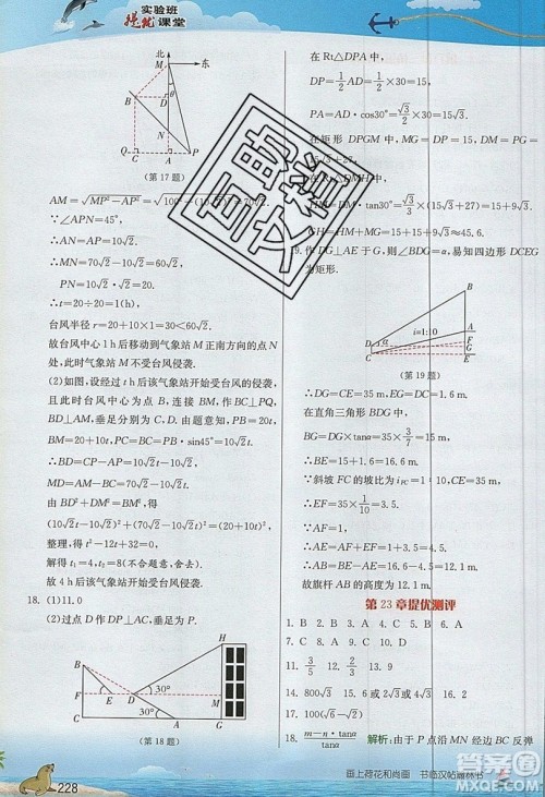 江苏人民出版社2019春雨教育实验班提优课堂数学九年级上册SHKJ沪科版参考答案