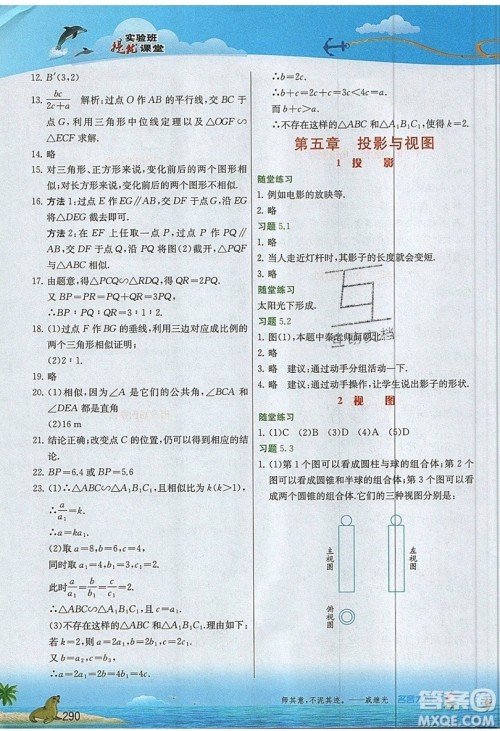 江苏人民出版社2019春雨教育实验班提优课堂数学九年级上册BSD北师大版参考答案