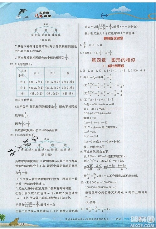 江苏人民出版社2019春雨教育实验班提优课堂数学九年级上册BSD北师大版参考答案