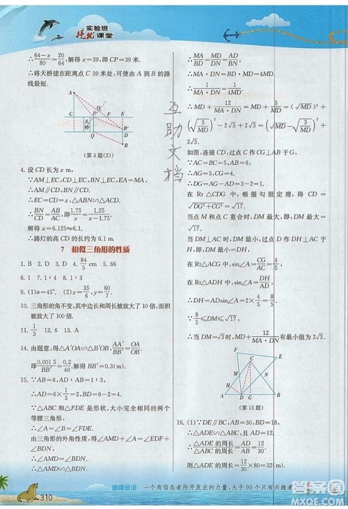 江苏人民出版社2019春雨教育实验班提优课堂数学九年级上册BSD北师大版参考答案