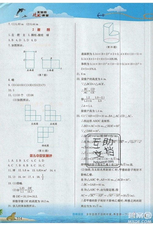江苏人民出版社2019春雨教育实验班提优课堂数学九年级上册BSD北师大版参考答案