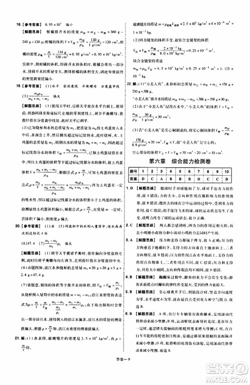 2020版一遍过单元综合能力检测卷八年级上册物理HK沪科版参考答案