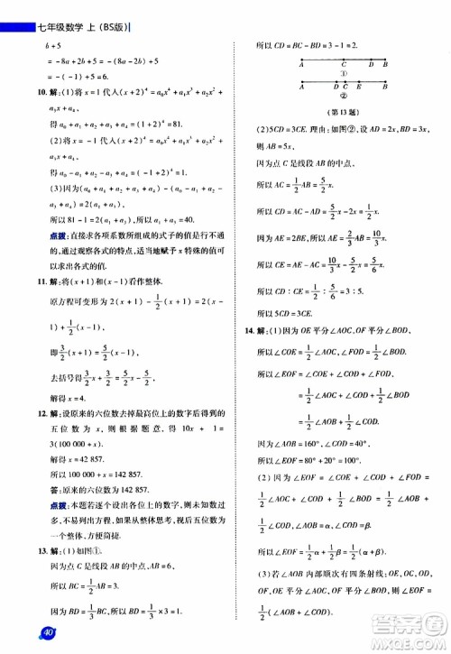 荣德基2019秋典中点极速提分法七年级上数学BS北师版参考答案