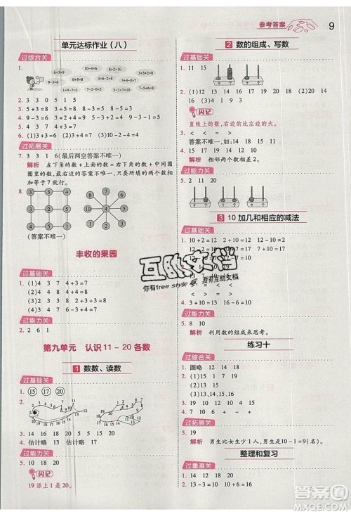 南京师范大学出版社天星教育2019一遍过小学数学一年级上册苏教SJ版参考答案