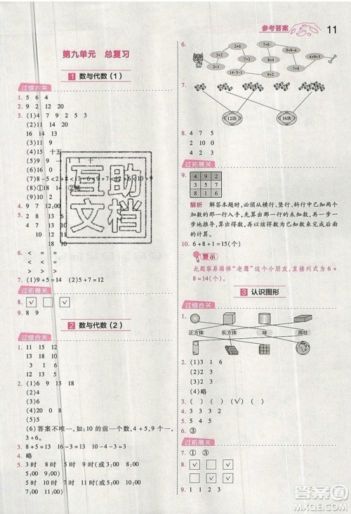 南京师范大学出版社天星教育2019一遍过小学数学一年级上册RJ人教版参考答案