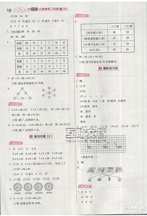 南京师范大学出版社天星教育2019一遍过小学数学二年级上册RJ人教版参考答案