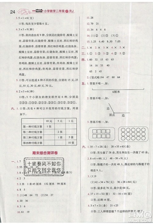 南京师范大学出版社天星教育2019一遍过小学数学二年级上册RJ人教版参考答案