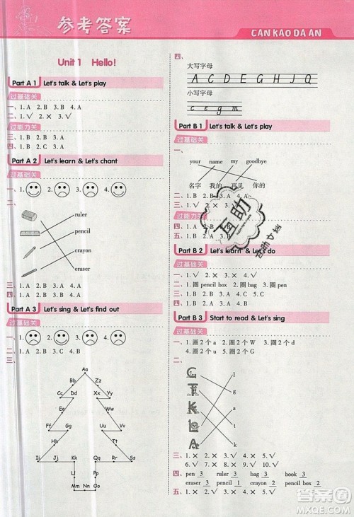 南京师范大学出版社天星教育2019一遍过小学英语三年级上册RP人教版参考答案