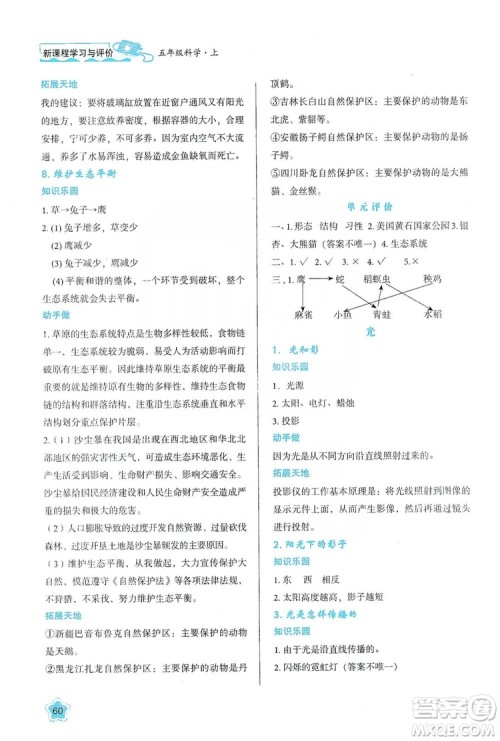 2019新课程学习与评价五年级科学上册K版答案
