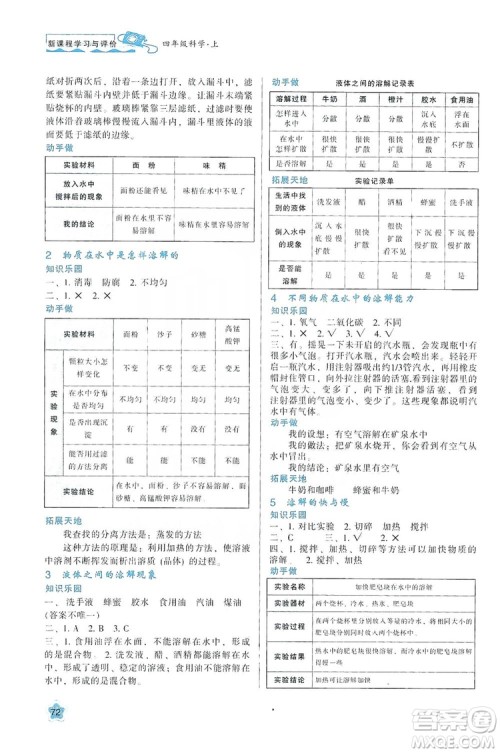 陕西人民教育出版社2019新课程学习与评价四年级科学上册K版答案