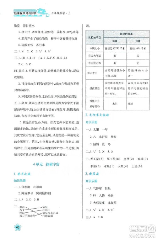 2019新课程学习与评价六年级科学上册B版答案 2019新课程学习与评价六年级科学上册B版答案