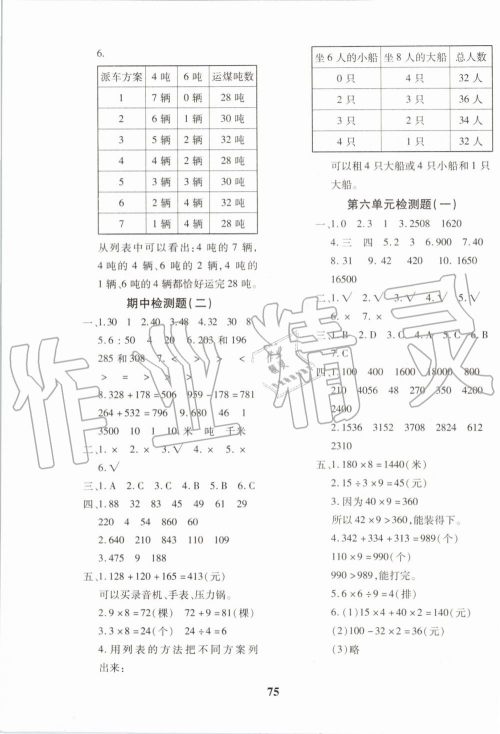 2019年黄冈360度定制密卷数学三年级上册RJ人教版参考答案