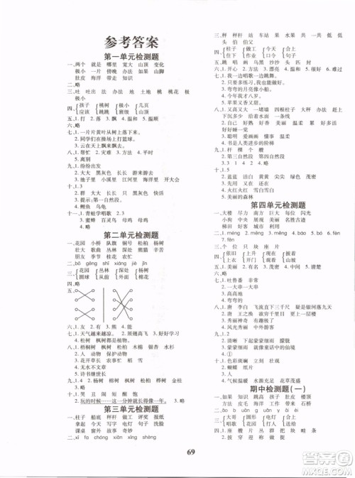 2019年黄冈360度定制密卷语文二年级上册RJ人教版参考答案