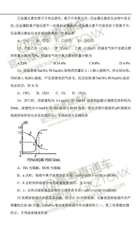 2020届西南名师联盟高三入学调研考试物理化学试题及答案