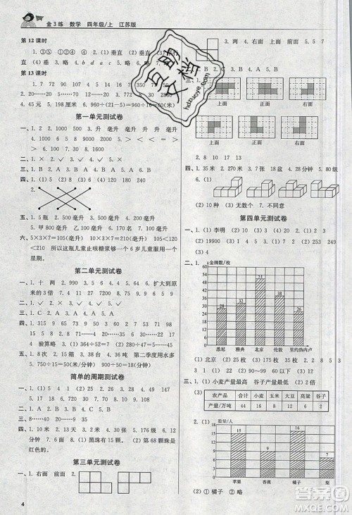 东南大学出版社2019新版金3练数学四年级上册江苏版参考答案 东南大学出版社2019新版金3练数学四年级上册江苏版参考答案