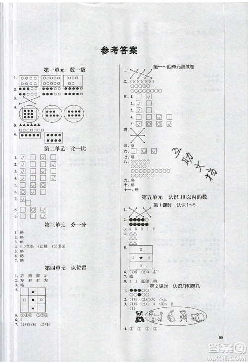 2019秋金3练课堂作业实验提高训练数学一年级上册新课标江苏版参考答案 2019秋金3练课堂作业实验提高训练数学一年级上册新课标江苏版参考答案