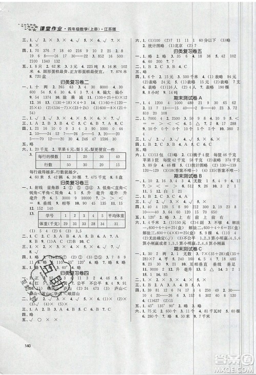 2019秋金3练课堂作业实验提高训练数学四年级上册新课标江苏版参考答案