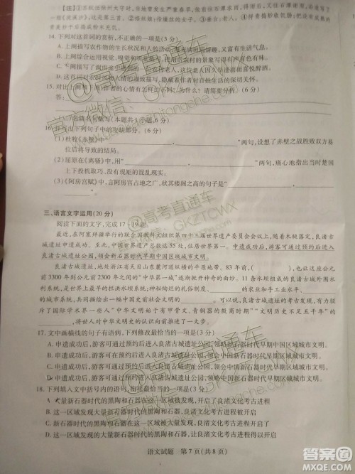 天一大联考2019-2020学年高中毕业班阶段性测试一语文试题及答案