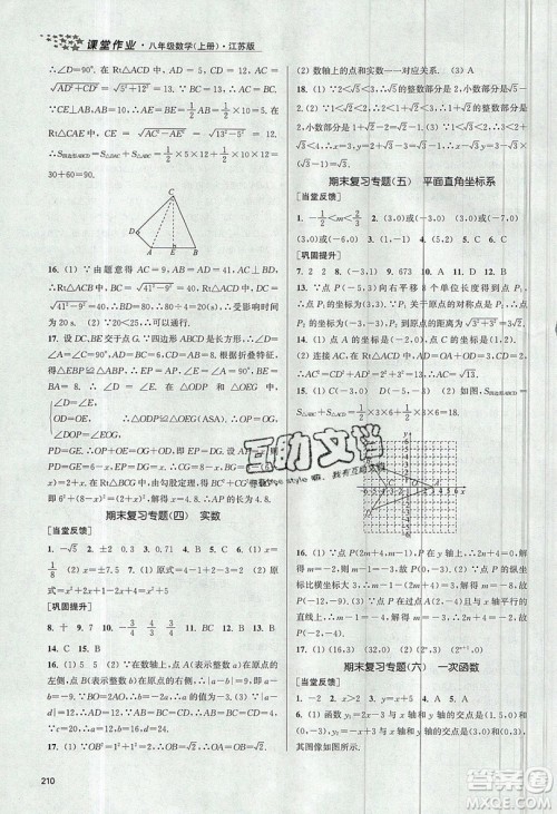 2019秋金3练课堂作业实验提高训练数学八年级上册新课标江苏版参考答案