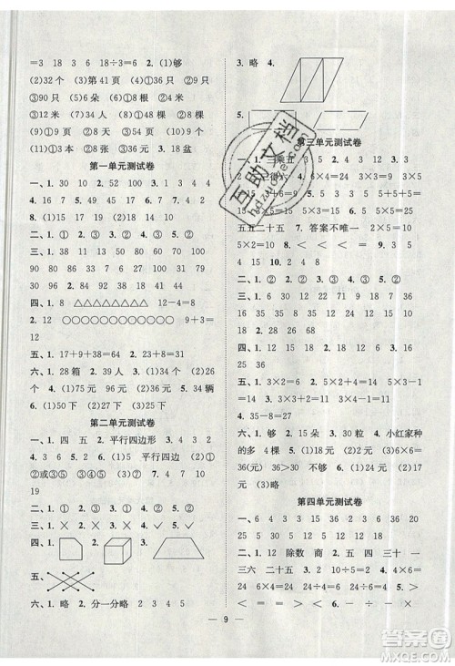 江苏凤凰美术出版社2019课时金练数学二年级上江苏版参考答案