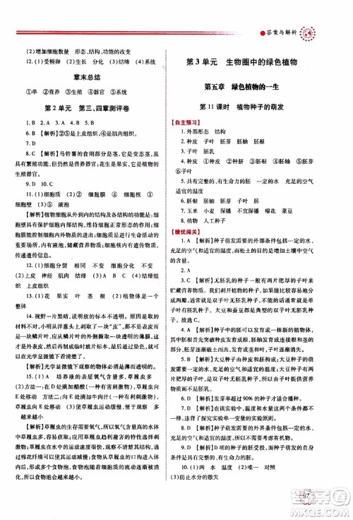 2019年绩优学案七年级上册生物学苏教版参考答案 2019年绩优学案七年级上册生物学苏教版参考答案