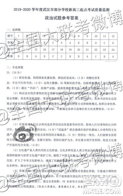 2020届武汉市高三九月调考新高三起点质量监测政治答案