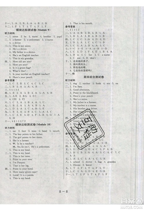 2019春雨教育1课3练单元达标测试英语三年级上册WYS外研版参考答案 2019春雨教育1课3练单元达标测试英语三年级上册WYS外研版参考答案