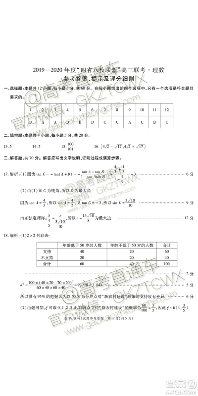 2020届四省八校联盟高三联考理数参考答案