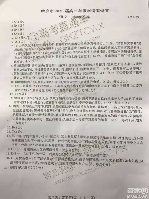 南京市2020届高三年级学情调研卷语文试题及答案 南京市2020届高三年级学情调研卷语文试题及答案