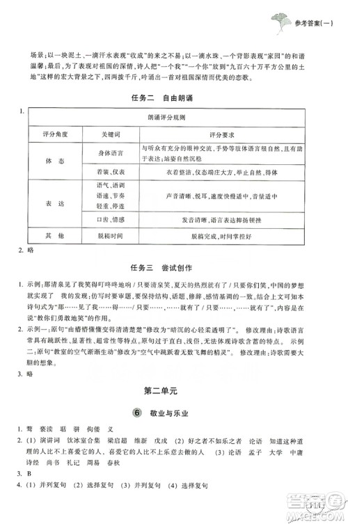 浙江教育出版社2019学习指导与评价九年级语文上册答案