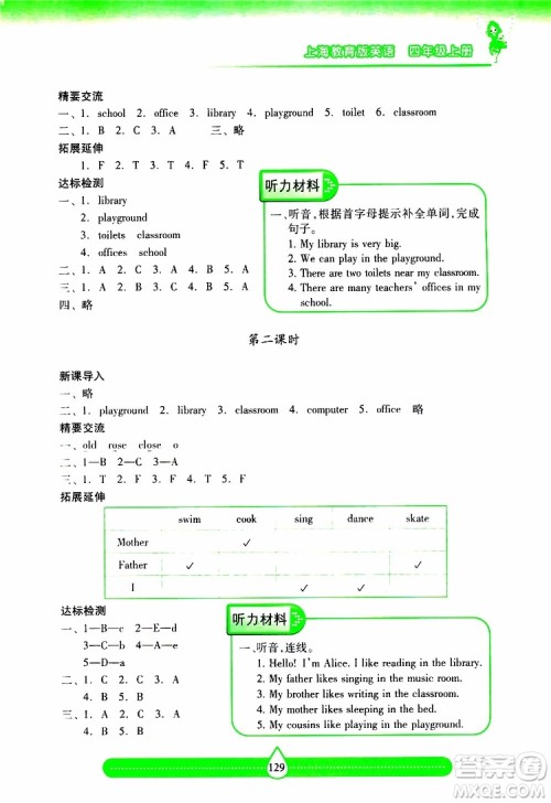 2019秋新课标两导两练高效学案小学英语四年级上册上教版参考答案