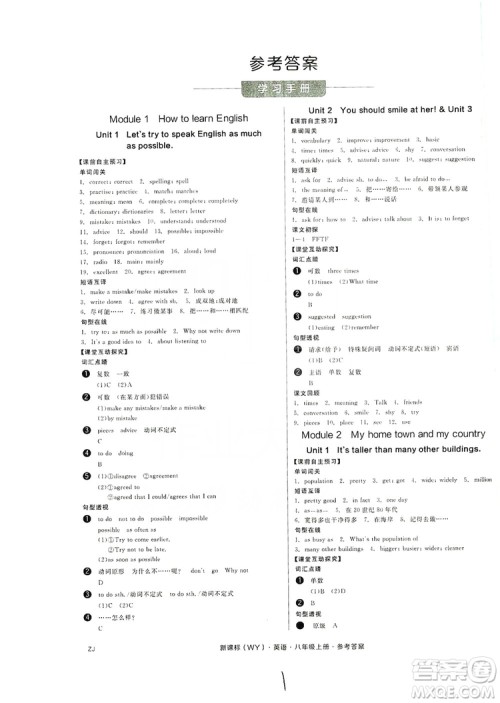 阳光出版社2019全品学练考学习手册八年级英语上册外研版浙江专版答案 阳光出版社2019全品学练考学习手册八年级英语上册外研版浙江专版答案
