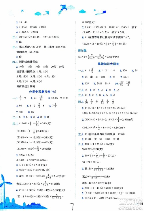 2019秋新版黄冈小状元达标卷数学六年级上册R人教版参考答案