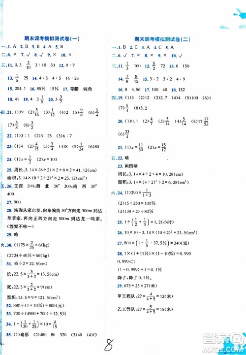 2019秋新版黄冈小状元达标卷数学六年级上册R人教版参考答案