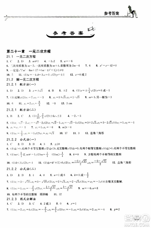 2019秋长江作业本同步练习册九年级上册数学人教版参考答案 2019秋长江作业本同步练习册九年级上册数学人教版参考答案