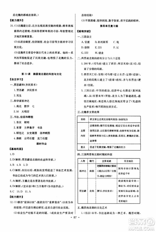 2019版长江全能学案初中七年级上册历史人教版同步练习册参考答案