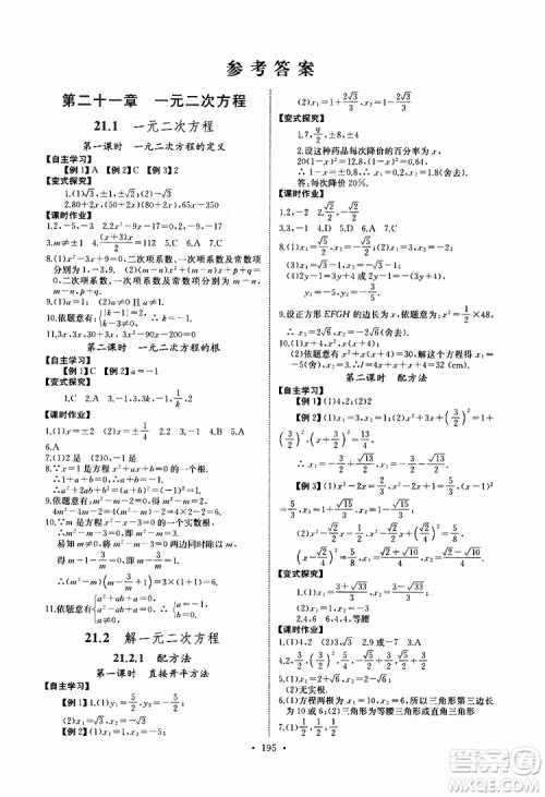 2019新版长江全能学案同步练习册数学九年级全一册人教版参考答案