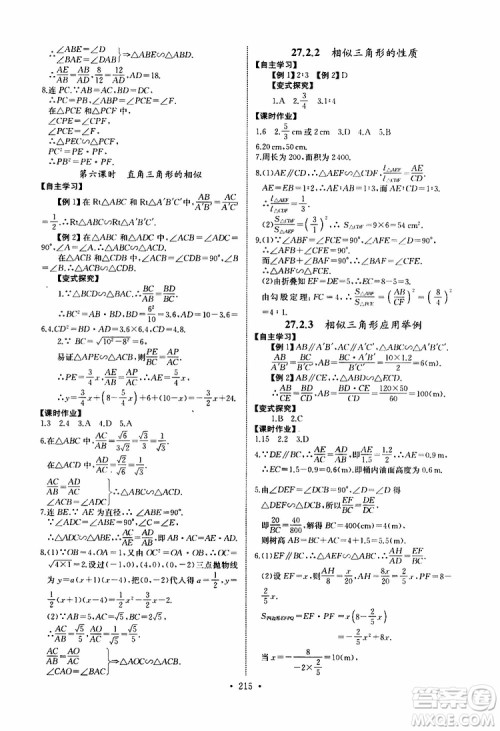 2019新版长江全能学案同步练习册数学九年级全一册人教版参考答案