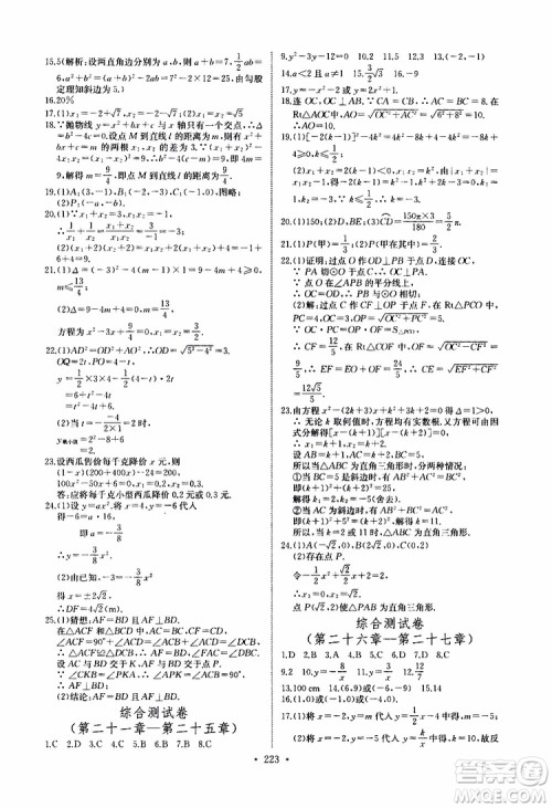 2019新版长江全能学案同步练习册数学九年级全一册人教版参考答案