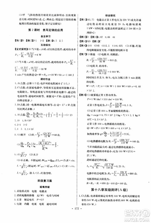 2019新版长江全能学案同步练习册物理九年级全一册人教版参考答案